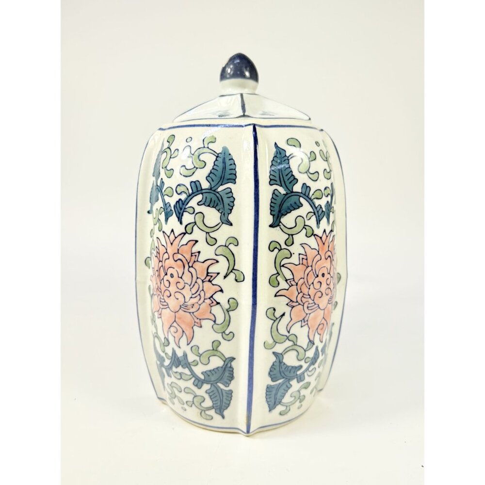Ginger Temple Jar Lidded Vintage Chinoiserie Blue White Pink Rose pattern Home S - Picture 7 of 16